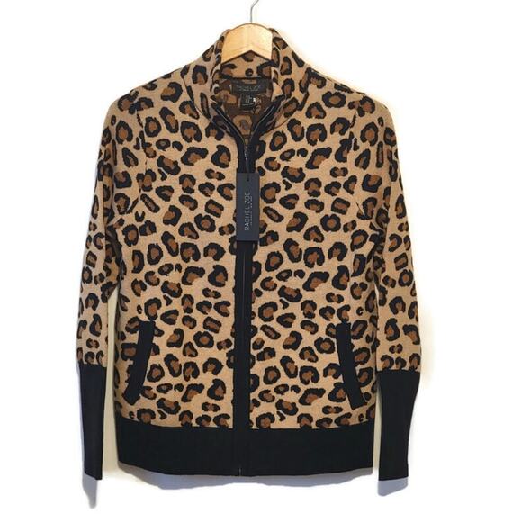 Rachel Zoe Leopard Mock Neck Zip Front Long Sleeve Cardigan Sweater Size M - Picture 1 of 11